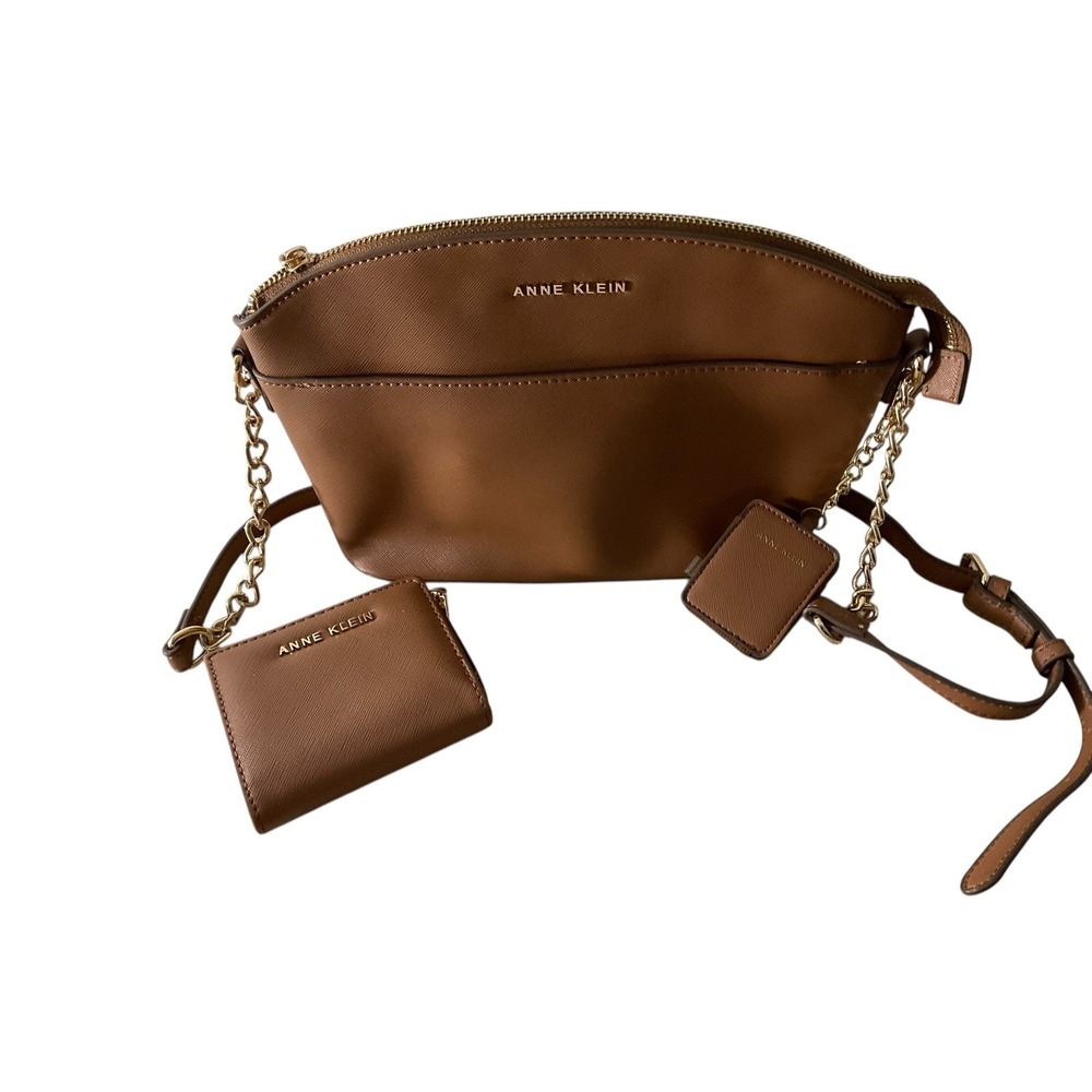 Anne Klein Cognac Brown Saffiano Crossbody Bag with Wallet and Mirror Set